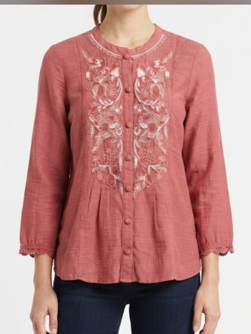 Soft Surroundings Boho Embroidered Silk Blend Button-Front Blouse Size M in Rose